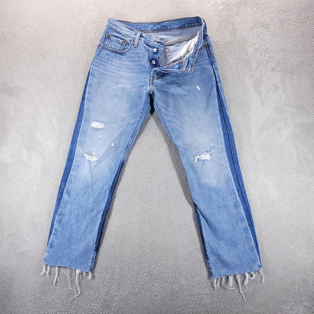 Levis 501 Jeans Womens 28 Blue High Rise Straight Distressed Raw Hem‎ Light Wash